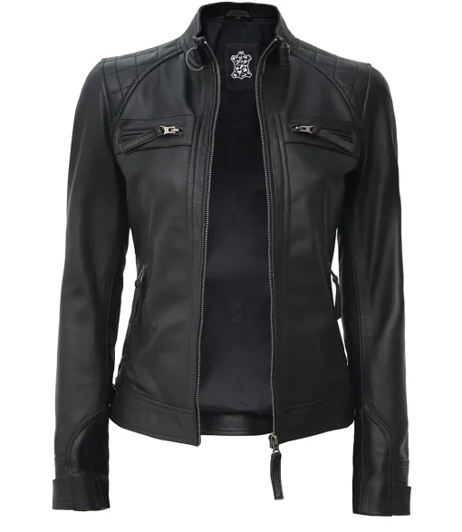 Women Tall Black Quilted Cafe Racer Leather Jacket