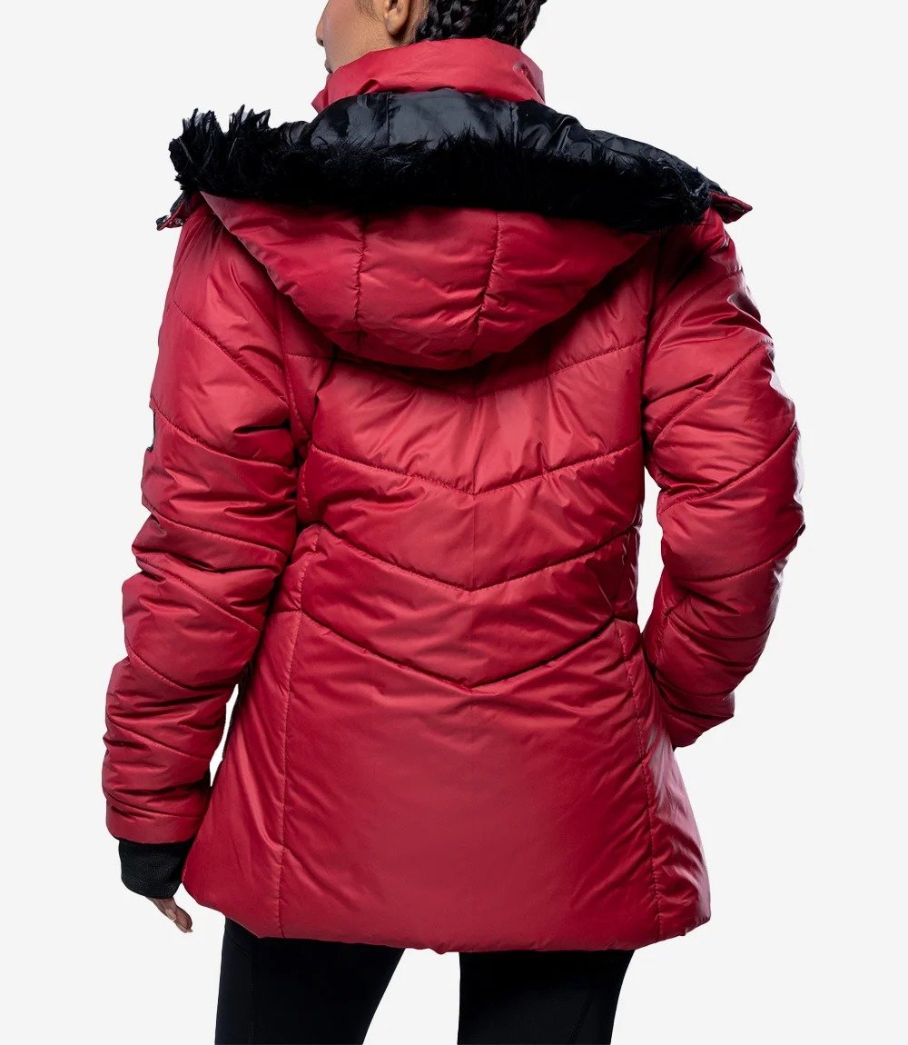 Womens Red Hooded Puffer Jacket – Faux Fur Trim