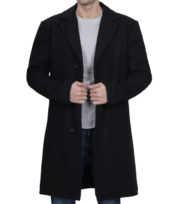 Mens Single Breasted Black Wool Coat