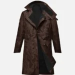 Men Wrinkled Brown Leather Long Coat