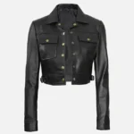 Womens Cropped Black Leather Trucker Jacket