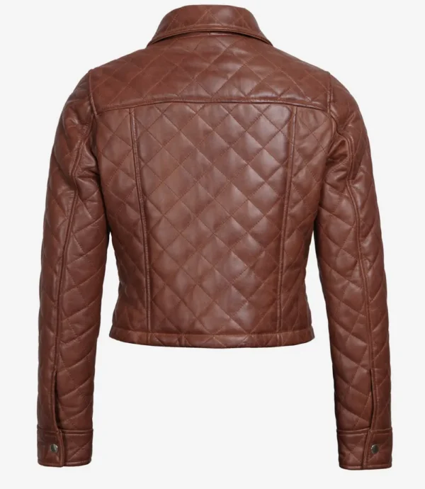 Womens Brown Quilted Cropped Leather Jacket - Image 2