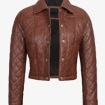 Womens Brown Quilted Cropped Leather Jacket