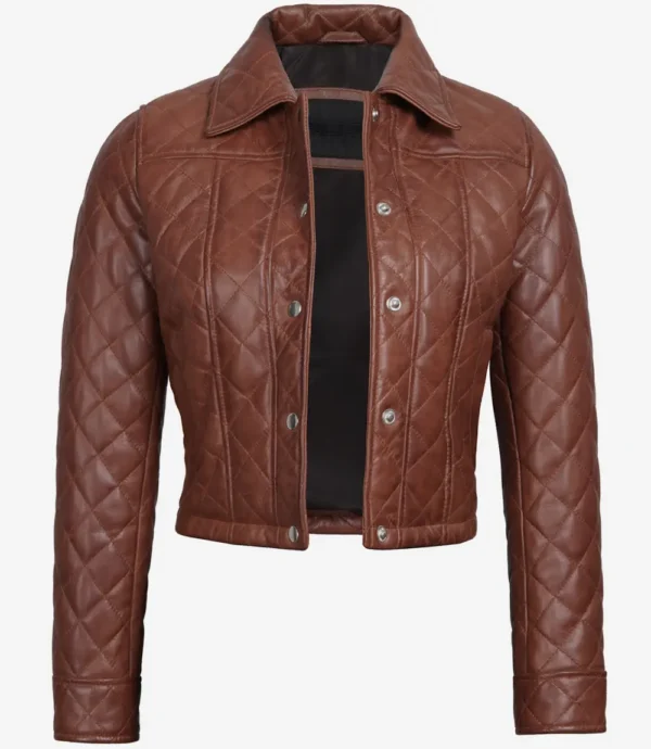 Women's Brown Quilted Cropped Leather Jacket