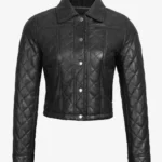 Womens Black Quilted Cropped Leather Jacket
