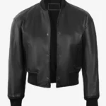 Women's Black Cropped Leather Bomber Jacket