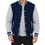 Men Grey And Blue Baseball Style Varsity Jacket