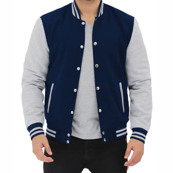 Men Grey And Blue Baseball Style Varsity Jacket