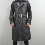 Men Belted Single Breasted Black Leather Trench Coat