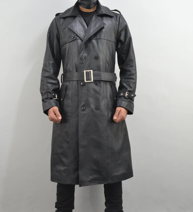 Men Belted Single Breasted Black Leather Trench Coat