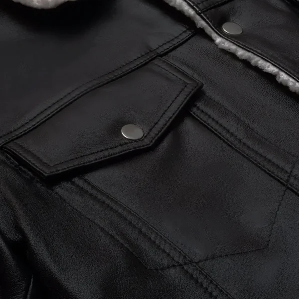 Men Black And White shearling leather trucker jacket