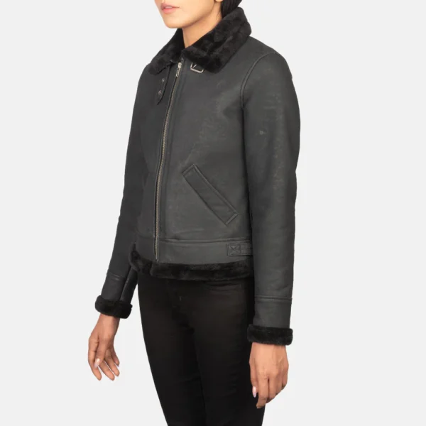 Women Distressed Black Leather Bomber Jacket