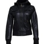 Women Black hooded leather bomber jacket