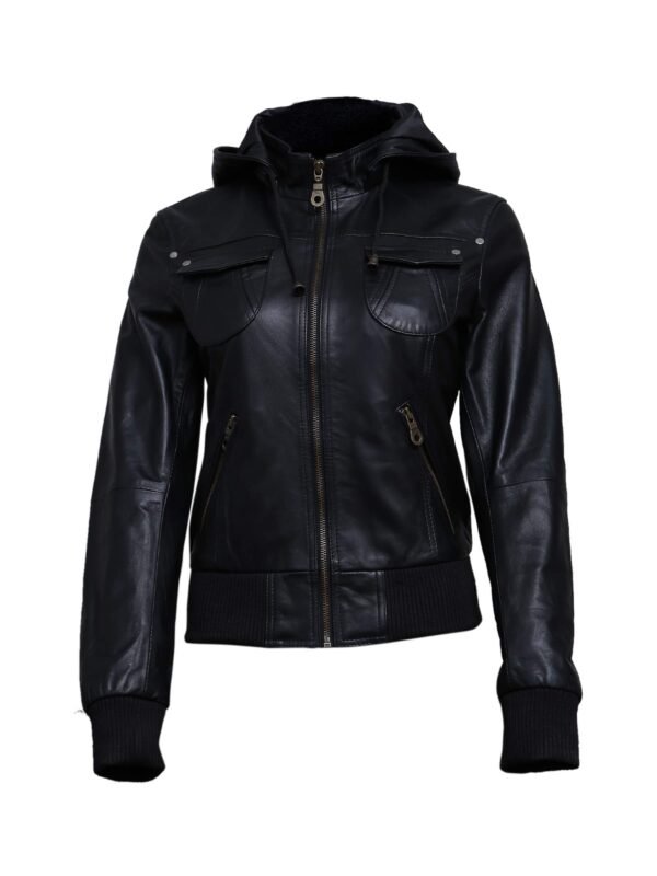 Women Black hooded leather bomber jacket