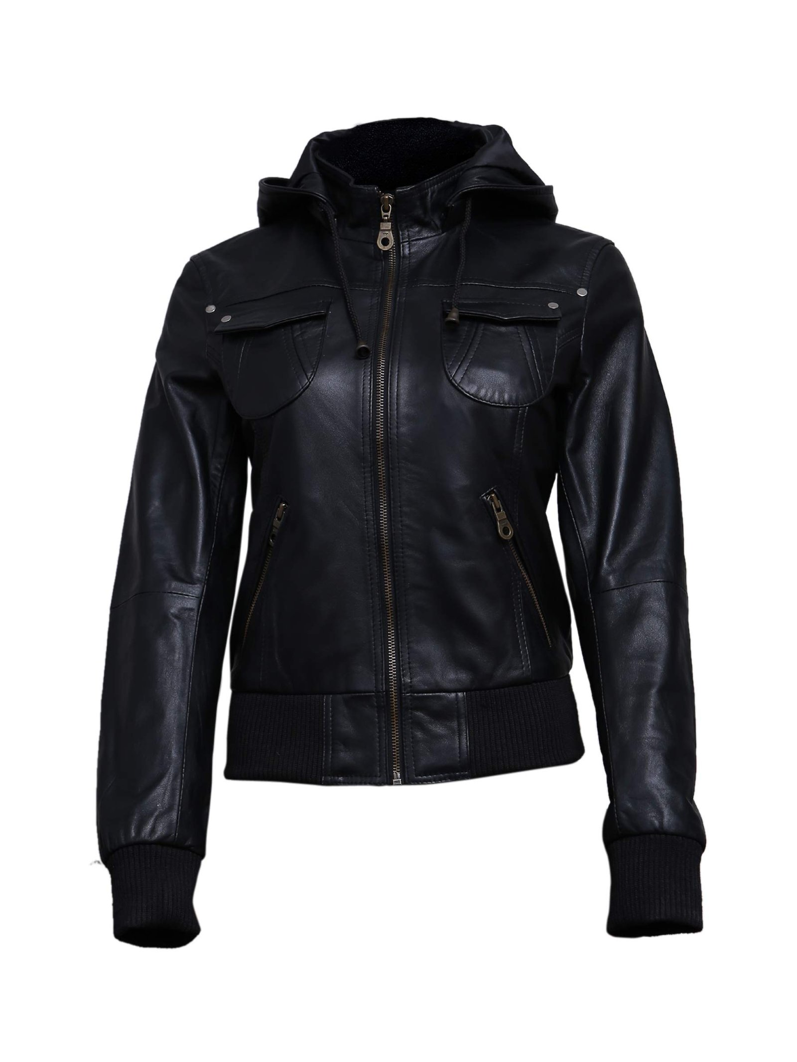 Women Black hooded leather bomber jacket