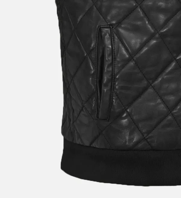 Men Quilted Black Hooded Leather Vest