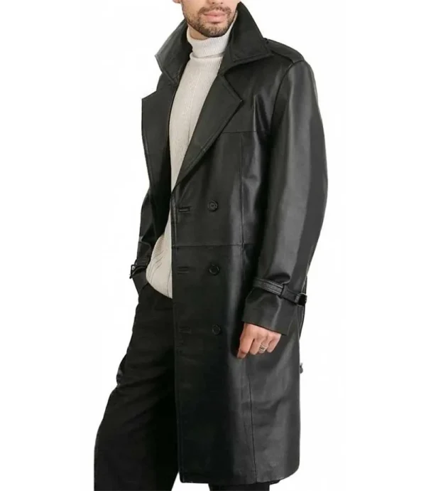 Men Classic Black Genuine Leather Trench Coat