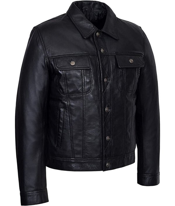 Men Black Quilted Modern Fit Leather Trucker Jacket