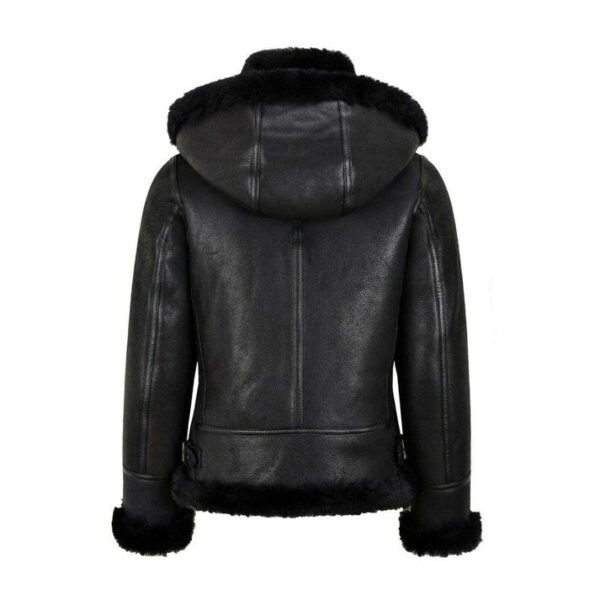 Women Shearling Black Leather Hooded Jacket
