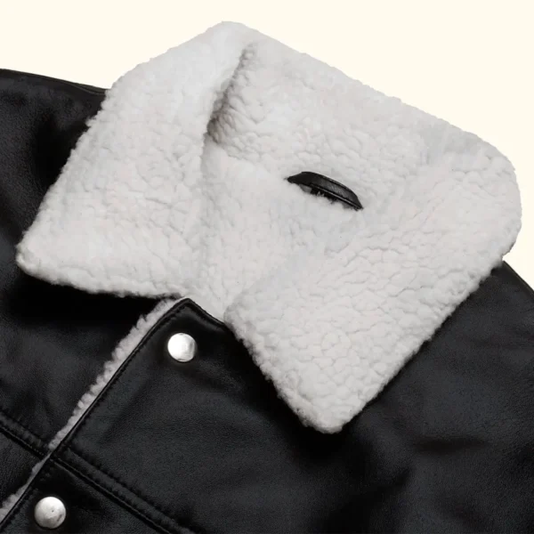 Men Black And White shearling leather trucker jacket