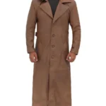 Men Long Brown Leather Trench Coat