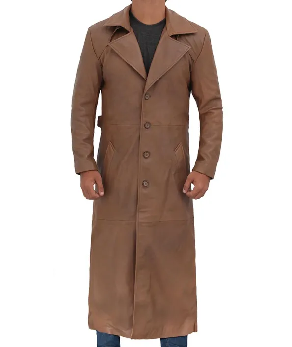 Men Long Brown Leather Trench Coat