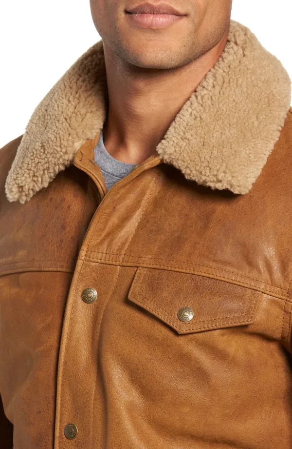 Men Brown Buffalo Leather Trucker Jacket
