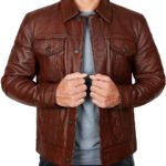 Men Brown Vintage Classic Leather Trucker Jacket