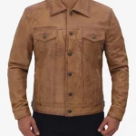 Men Camel Brown Leather Trucker Jacket