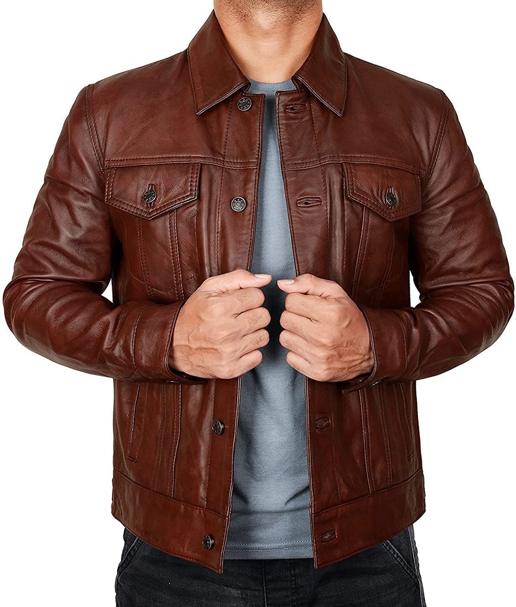 Men Brown Vintage Classic Leather Trucker Jacket