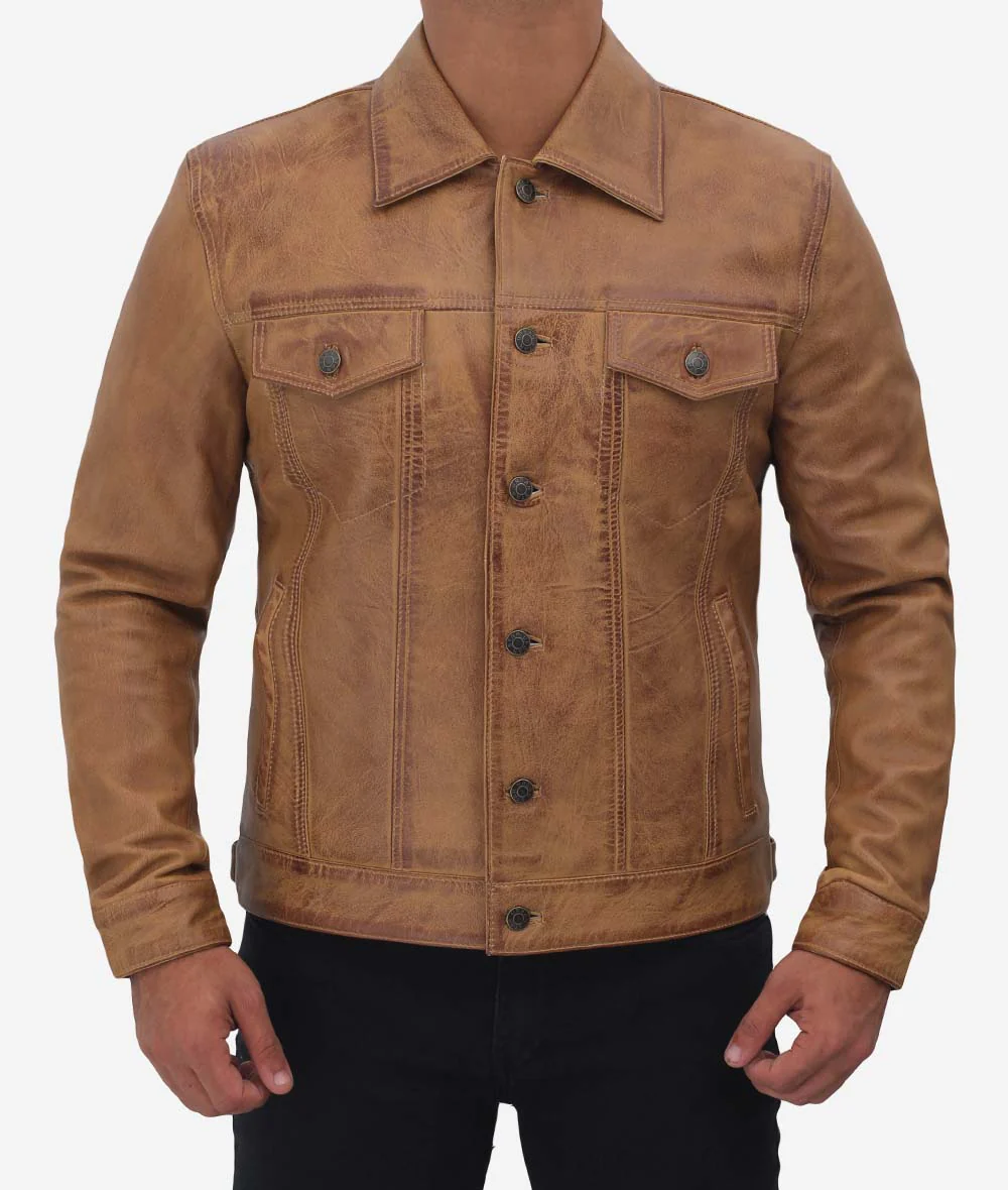 Men Camel Brown Leather Trucker Jacket