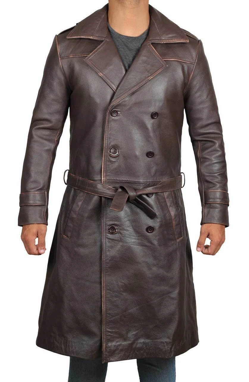 Men Distressed Brown Long Leather Trench Coat
