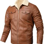 Men Brown Leather Shearling Trucker Jacket