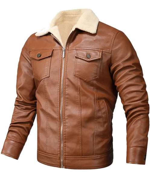 Men Brown Leather Shearling Trucker Jacket