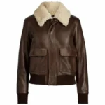 Women Brown Sherpa Leather Bomber Jacket