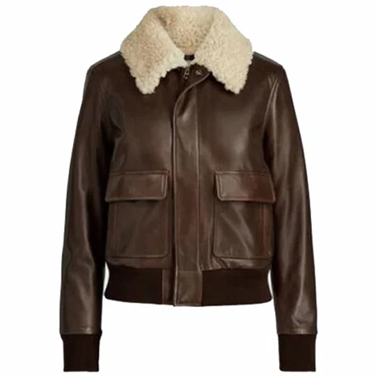 Women Brown Sherpa Leather Bomber Jacket