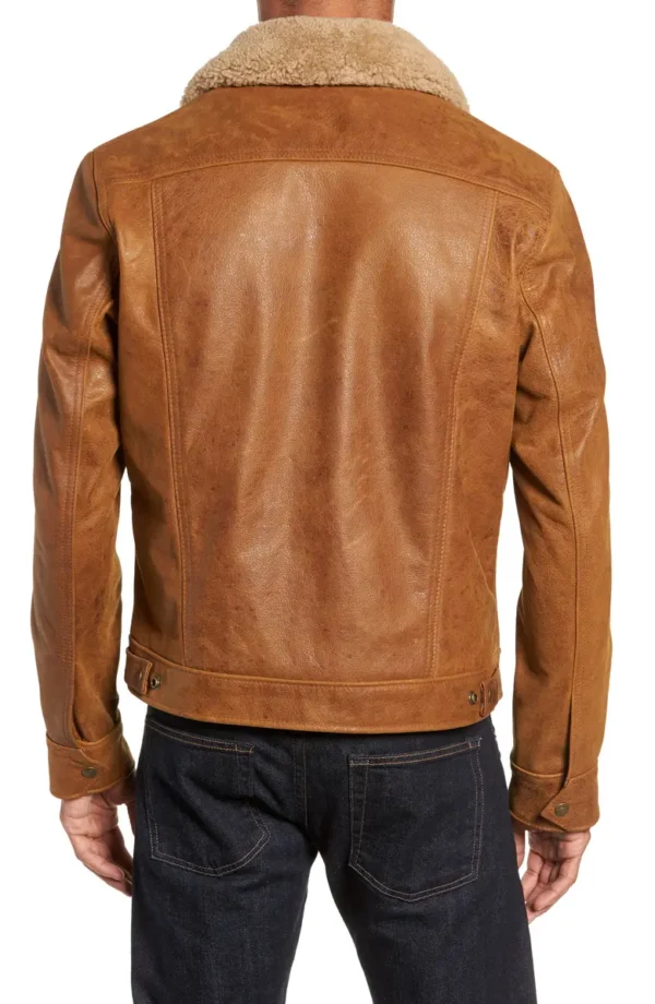 Men Brown Buffalo Leather Trucker Jacket
