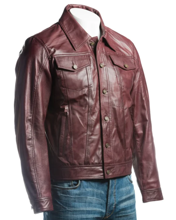 Mens Burgundy Leather Trucker Jacket