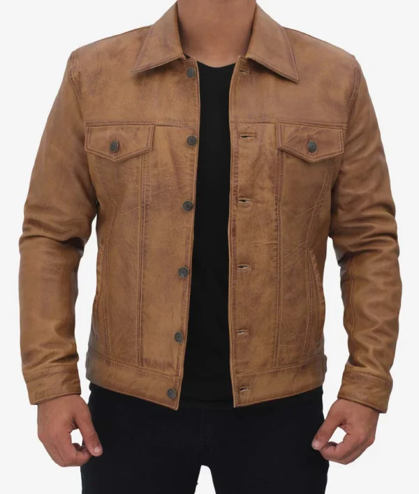 Men Camel Brown Leather Trucker Jacket