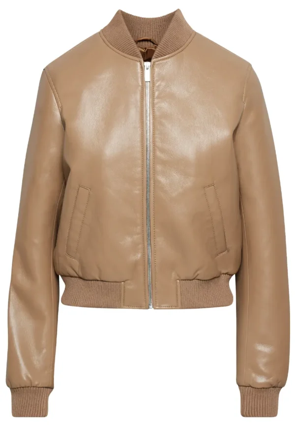 Women Camel Bomber Faux Leather Jacket