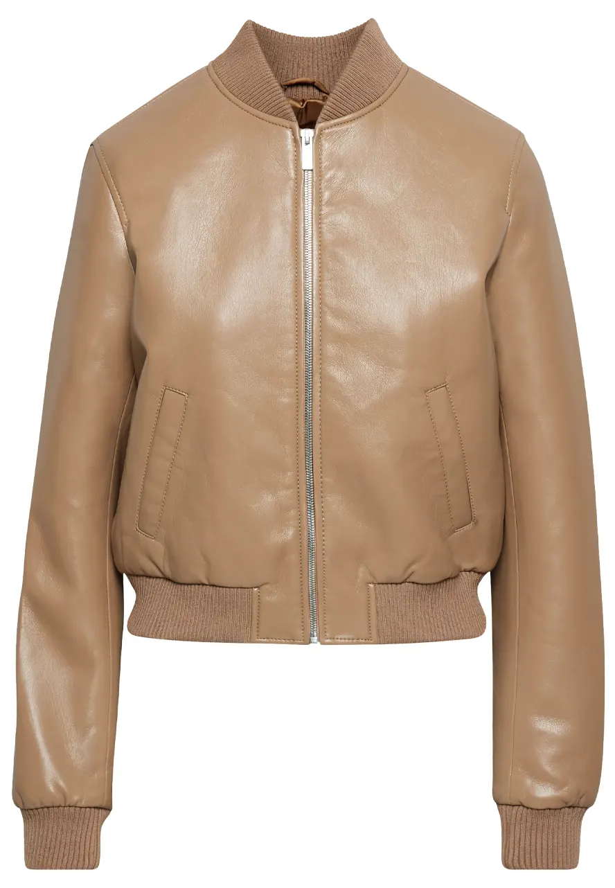 Women Camel Bomber Faux Leather Jacket