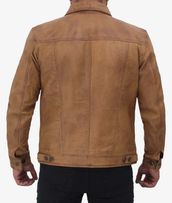 Men Camel Brown Leather Trucker Jacket