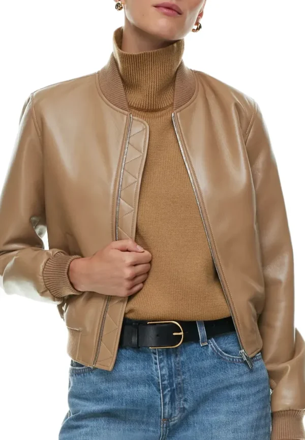 Women Camel Bomber Faux Leather Jacket