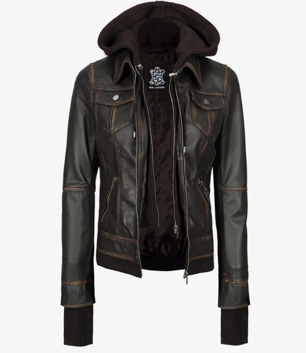 Women Dark Brown Hooded Leather Bomber Jacket