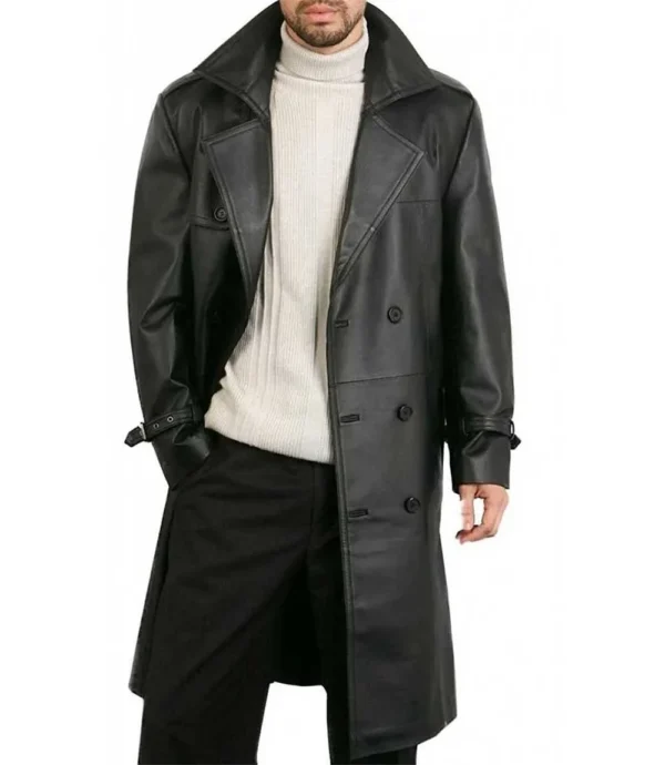 Men Classic Black Genuine Leather Trench Coat