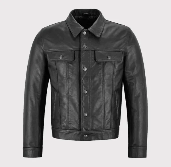 Men Classic Black Trucker Western Leather Jacket