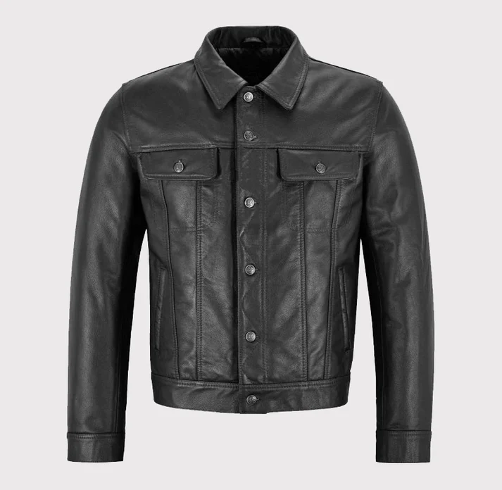 Men Classic Black Trucker Western Leather Jacket