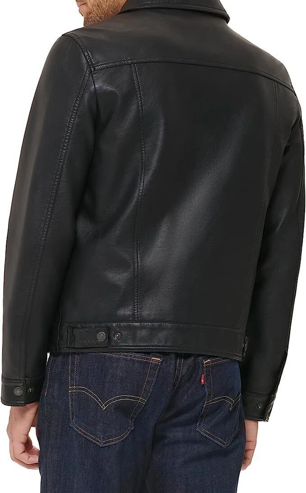 Men Classic Black Trucker Leather Jacket
