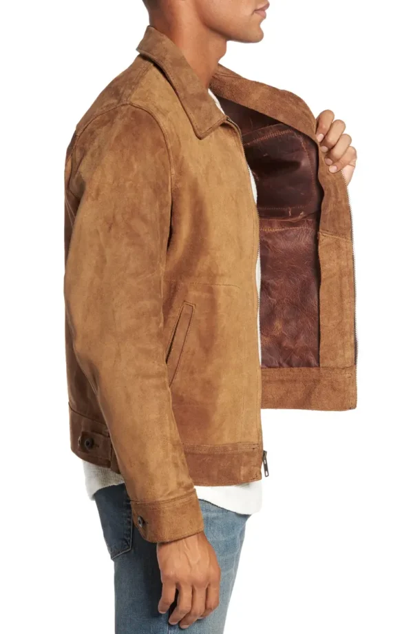 Men Cowhide Rough Out Leather Trucker Jacket