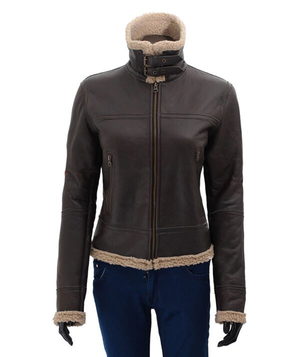 Women Dark Brown Leather Bomber Shearling Jacket